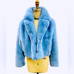 A Full Plushy Short Fit Faux Fur Jacket In A Soft Sky Blue. The Jacket Feels Lush To The Touch And Has Hidden Pockets You Can Keep Your Hands Warm In And Gives A Cool Aesthetic Look. Blue Fur Coat With Faux Fur Trim, Fitted Blue Fur Coat With Faux Fur Trim, Blue Fur Coat With Faux Fur Lining For Fall, Blue Fitted Faux Fur Outerwear, Fitted Blue Winter Fur Coat, Fitted Blue Faux Fur Outerwear, Fitted Blue Fur Coat For Winter, Blue Faux Fur Winter Coat, Blue Faux Fur Coat For Winter