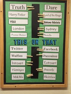 a bulletin board with words and pictures on it that read,'this or that? '