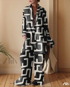 Zlily - Loose-Fit Long-Sleeve Straight-Leg Jumpsuit with Printed Pattern for Travel and Casual Vacation Jumpsuit Pattern, Mid Length Skirts, Skirt Skirt, Types Of Skirts, Geometric Patterns, Pattern Geometric, Types Of Collars, Geometric Pattern, Straight Leg