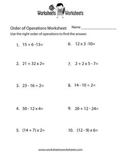 worksheet showing the order of operations for students to work on their math skills