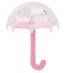 a pink plastic umbrella is shown on a white background and it's attached to a hook