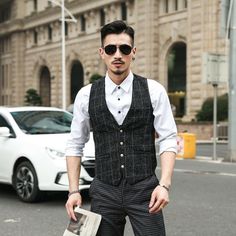 Men Plaid Checked Waistcoat Suit Vest Cotton Loose Formal Lattice Chequer Black Please note this is in Asian sizing. Please check the measurements carefully before making a purchase. We suggest you buy one or two sizes larger.  Material: cotton blend  S Bust: 109cm/42.9in Length: 56cm/22.0in Shoulder: 33.5cm/13.2in  M Bust: 113cm/44.5in Length: 57cm/22.4in Shoulder: 34.5cm/13.6in  L Bust: 117cm/46.1in Length: 58cm/22.8in Shoulder: 36.5cm/14.4in  SKU: 916-335  PZ Happy shopping, thanks! Happy sho Plaid Vest Men, Grey Waistcoat, Wedding Vest, Double Breasted Vest, Mens Tailor, Mens Waistcoat, Business Jacket, Mens Suit Vest, Spring Suit