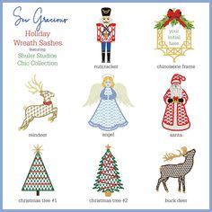 cross stitch pattern for christmas ornaments with the words, holiday wreaths and other decorations