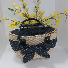 Ladies Spring/ Summer Straw Polks Dot Bow Handbag, Vegan Patent Blk Handles. Lnwt Chic Yellow Straw Bag For Summer, Black Rectangular Straw Bag For Spring, Rectangular Black Straw Bag For Spring, Black Casual Straw Bag, Black Rectangular Straw Bag For Day Out, Trendy Black Straw Bag For Day Out, Casual Black Straw Bag For Spring, Retro Summer Straw Bag For Everyday Use, Black Straw Bag For Spring Vacation