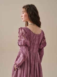 Wrap yourself in timeless romance with our linen dresses. This dress is tie-dyed by hand so that each piece is truly unique, like a work of art. It's also pretty detailed - puffed sleeves with floral lace detailing are playful yet romantic, lace-up designs and layered silhouette ensure a perfect fit that will turn head Bohemian Puff Sleeve Dresses For Gatherings, Bohemian Peasant Dress With Gathered Sleeves, Bohemian Dresses With Lace Sleeves For Daywear, Bohemian Dress With Lantern Sleeves, Bohemian Linen Dress With Ruffles, Bohemian Summer Dresses With Lace Cuffs, Spring Peasant Dress With Lace Trim, Spring Peasant Prairie Dress With Lace Trim, Bohemian Puff Sleeve Dress With Lace Trim