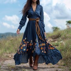 Style rural occidental Vestidos Country, Long Sleeve Design, Bo Peep, Elegant Casual, Maxi Styles, Linen Women, Style Elegant, Linen Dress