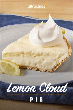 lemon cloud pie on a blue plate with the words allrecipes above it