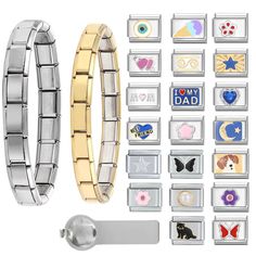 PRICES MAY VARY. Ideal Bracelet and Tools: you will receive 2 Classical Itallan style charm braclet, 1 thumb charms tools, 20Pcs Popular 10mm*9mm Italian Charms; Each tool measures about 2.17 x 0.51 inches/ 55 x 13 mm,which is suitable for most bracelet sizes. It can complete the stitching of all 9mm accessories and can be interchanged and combined with other Italian Charms Compatible with other major brand Italian charms too. These stainless steel Italian charms are available in silver and gold Stackable Metal Charm Bracelet For Gift, Stackable Metal Charm Bracelet Gift, Metal Stackable Charm Bracelet Gift, Italian Bracelet Gold, Italian Charm Bracelet Gold, Italian Bracelet Charms, Charm Bracelet Diy, Italian Charm Bracelets, Italy Girl