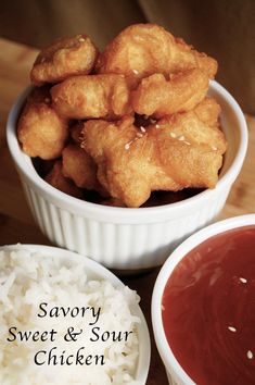 savory sweet and sour chicken is served with red dipping sauce on the side