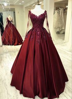 Elegant Burgundy Wedding Dress Burgundy Wedding Dress, Prom Dresses Burgundy, Prom Elegant, Burgundy Evening Dress, Prom Dress Pictures, Red Ball Gown, Gowns Elegant, Long Sleeve Ball Gowns, Wedding Dress Lace