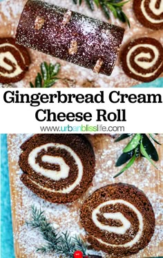 gingerbread cream cheese roll on a cutting board