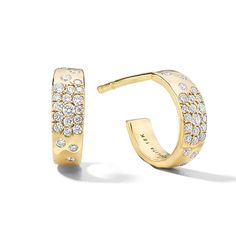 An eye-catching take on the hoop, these earrings are crafted in 18K gold that delicately hugs your lobe. The front surface sparkles with diamonds of various sizes (.17ctw) that are embedded by hand in the curved profile, creating a lovely abstract pattern, adding light to both day and evening outfits.• 18K Gold�• Gemstones: Diamond • Diamond Carat Weight: 0.17 • Excluded from promotion Hoop Earrings With Diamonds, Hinged Ring, Mini Hoop Earrings, Unique Diamonds, Evening Outfits, Diamond Carat, Diamond Hoop Earrings, Gold Collection, Huggie Hoop Earrings