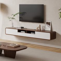 a living room with a large flat screen tv mounted to the side of a wall