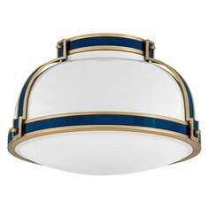 a white and blue ceiling light with gold trim