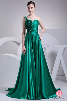 Green Prom Gown With Ruched Bodice, Green Gown With Ruched Bodice For Prom, One Shoulder Green Evening Gown, One-shoulder Green Evening Gown, Green Floor-length Satin Evening Dress, Green One-shoulder Dresses With Sweep Train, Prom Season Satin Gown With Asymmetrical Neckline, One Shoulder Satin Gown With Ruched Bodice, Satin Prom Gown With Asymmetrical Neckline