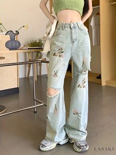 Lasaky - Chic Blue Floral Embroidered Baggy Jeans with Ripped Holes and Wide Legs - Womens Denim Fashion Denim Fashion Women, Womens Denim, Wide Legs, Ditsy Floral, Baggy Jeans, Denim Fashion, Vintage Prints, Denim Women, Blue Floral