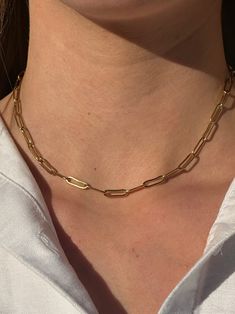 Beautiful link chain. Gold-plated stainless steel chain, which is very elegant thanks to its individual links and looks great. A real statement necklace that still looks minimalist and subtle. What makes our jewelry special? 🌊 The high-quality, gold-plated stainless steel makes the jewelry waterproof ✨ No discoloration, no green edges 🌿 Allergy friendly 🫀 Each piece of jewelry is selected with love and lovingly packaged 🤍 we do good! We donate parts of our income to charitable causes and pro Trendy Gold Paperclip Necklace, Silver Gold-plated Paperclip Chain Necklace, Elegant Paperclip Chain Necklace Gift, Yellow Gold Chunky Chain Paperclip Necklace, Classic Gold-plated Paperclip Chain Necklace, Gold Stainless Steel Chain Link Necklace, Gold Plated Chain Necklace With Delicate Rectangular Links, Yellow Gold Necklace With Chunky Paperclip Chain, Everyday Tarnish-resistant Paperclip Chain Necklace