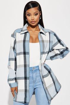 Available In Blue/combo And Brown Combo. Shacket Collar Pockets Snap Button Sleeves Zipper Closure Disclaimer: Plaid Placement Will Vary 100% Polyester Imported | Check Mate Plaid Shacket in Blue size Small by Fashion Nova Blue Long Sleeve Shacket With Pockets, Blue Collared Shacket, Spring Blue Shacket With Button Closure, Blue Shacket With Button Closure For Spring, Blue Button-up Outerwear, Blue Collared Shacket For Fall, Blue Spring Shacket With Button Closure, Blue Collared Shacket For Workwear, Trendy Blue Long Sleeve Blazer