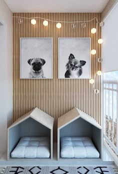 two dog houses are on display in the living room