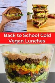 the back to school cold vegan lunches are packed with vegetables, meats and veggies