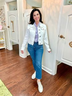 Get ready to rock the denim trend with the Hallie Jacket. This white raw edge denim jacket is made of a comfortable blend of 94% cotton, 5% polyester, and 1% elastane. Its cropped length adds a stylish twist to any outfit. Perfect for the fashion-forward and fun-loving individual! Sizing: runs true to size Denim Trends, Jumpsuit Shorts Rompers, Fun Loving, Short Jumpsuit, Shoes Booties, Sweatshirt Dress, Dress Romper, Raw Edge, Jeans Pants