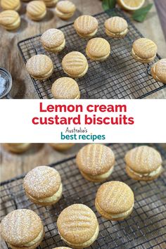 lemon cream custard biscuits on a cooling rack with the words australia's best recipes