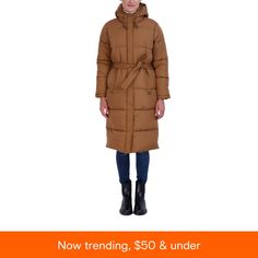 in stock Brown Puffer Jacket, Puffer Jacket With Hood, Brown Puffer, Long Puffer Jacket, Chic Coat, Winter Attire, Long Puffer, Belt Design, Jacket With Hood