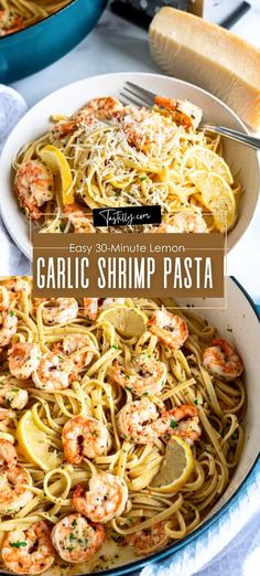 garlic shrimp pasta in a skillet with lemons and parmesan cheese on the side