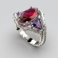 Nature's Embrace Gold Ring with Rhodolite Garnet and Amethyst.Elevate your connection to nature with our exquisite Nature's Embrace Gold Ring, a masterpiece designed and crafted by Oltremare Gioielli in the heart of Italy. This solid gold ring is made to order in your choice of 14k or 18k gold, available in radiant yellow, delicate rose, or timeless white gold.Design: The ring is fashioned from a nature-inspired twig that delicately wraps around and protects the three stunning gemstones.Craftsmanship: Meticulously designed and handcrafted in Italy by Oltremare Gioielli, known for their exceptional artistry and attention to detail. Material: Choose between 14k or 18k gold 1 Natural Marquise Cut Rhodolite Garnet (3 carats) 14mm x 7mm x 4 mm 2 Trillion Cut Amethysts (2 carats total weight) 7m Connection To Nature, Solid Gold Ring, Italian Jewelry, Rhodolite Garnet, Solid Gold Rings, Color Ring, 3 Carat, Marquise Cut, 2 Carat