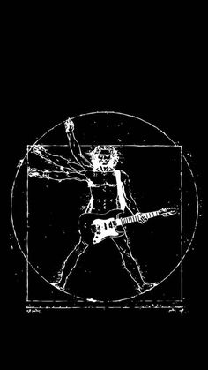 a black and white image of a man with a guitar in front of a circle