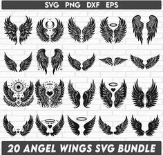 the 20 angel wings svg bundle is shown in black and white, on a brick wall