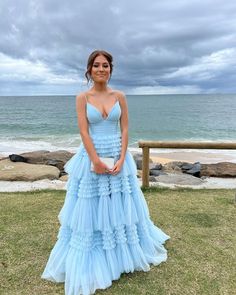 Blue Layered Prom Dress, Long Layered Ruffle Dress, A Line V Neck Prom Dress, Tulle Formal Dress Long, Prom Dress Necklines, Blue Tiered Prom Dress, Light Blue Tulle Prom Dress, Prom Dresses Loose, Vintage Prom Dresses 1950s Retro Classy