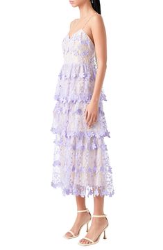 Make an enchanting impression at any occasion in this romantic lace midi dress wrapped in embroidered blooms. Sweetheart neck Adjustable tie straps Lined 100% polyester Hand wash, dry flat Imported Summer Lavender Lace Dress, Lavender Lace Dress For Summer, Elegant Lavender Tiered Dress, Elegant Tiered Lavender Dress, Feminine Lavender Lace Dress, Feminine Tiered Lace Midi Dress, Floral Lace Dress For Spring, Spring Floral Embellished Lace Dress, Spring Feminine Midi Dress With Delicate Lace