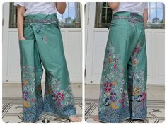 Casual Thai Fisherman Pants, Yoga Meditation Pants, Kung Fu Tai Chi Trousers Unisex Color:  Green Fabric : Fine Cotton Size: One Size (can be adjust at your comfort sizing) Measurement When Laid Flat  Please see last picture, you also need some space in order to fold the pants Full Waist: 54""  Length: 40" With 1 right pocket Color may be difference from the picture a little bit as each computer may have different brightness set up. Pants are lightweight, comfort for every movement. They are designed to wrapped around the waist and tied with belt that can be adjust at your comfort.   Made in Thailand  Care Instruction Wash before use. Will be softer over time   Cold wash, do not soak  Wash separately inside out with the same color Color Bleeding on the 1-3 wash (it is normal for this kind Casual Batik Print Bottoms For Summer, Summer Cotton Bottoms With Batik Print, Pantalon Thai, Thai Fisherman Pants, Fisherman Pants, Wrap Pants, Batik Prints, Beach Pants, Tai Chi