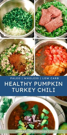 healthy pumpkin turkey chili recipe with green onions and carrots