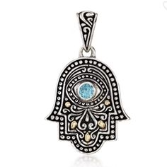 Balinese .30 Carat Blue Topaz Hamsa Hand Pendant With 18kt Yellow Gold In Sterling Silver New No Tags Hand Pendant, Hamsa Hand, Balinese, Silver Blue, Blue And Silver, Blue Topaz, Womens Jewelry Necklace, Topaz, Color Blue