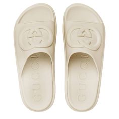 Intrinsically Linked To The '90s, Rubber Adds A Retro Note To The Latest Collections. This Pair Of Off-White Slide Sandals Accentuates The Aesthetic With An Embossed Interlocking G Detail And Chunky Sole. - Off-White Rubber - Women's - Embossed Interlocking G - Rubber Sole - Low Heel - 1.7" Height, Based On A Size 37 (It) Made In Italy Off White Slides, Embroidery Sneakers, Turquoise Shoes, White Slides Sandals, Designer Slides, Gucci Sandals, White Slides, Womens Slides Sandals, Slides For Women