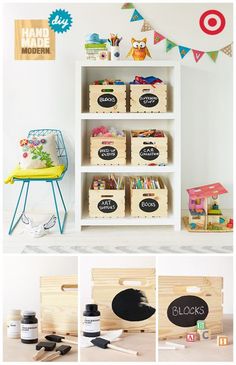 the shelves are filled with wooden crates and chalkboard labels for kids's playrooms