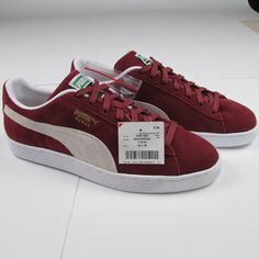 Modern Version Of The 80s Classic Suede Puma Sneakers, Color Is Called Cabernet (Wine Burgundy Purple/Red) With White Stripe And Soles In Men's Size 10 Comes With Extra White Laces As Pictured. They Are Brand New With Store Price Tag & Size Stickers, No Box Or Other Packaging Included, That Being Said I Will Say New With Shelf Wear. As You Know Shoe Sizes Can Run Differently, Please Be Sure Of Your Size And Proper Fit Based On Brand And Style Of Shoe Before Purchasing. All My Items, Come From A Casual Burgundy Sneakers With Cushioned Footbed, 80s Shoes, Tennis Sneakers, New Retro, Puma Suede, Puma Sneakers, Mens Fashion Shoes, Price Tag, White Stripe