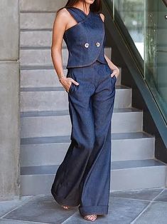 Jean Suit Outfit Women, Womens Navy Blue Pants Outfit, Fancy Denim Outfits, 80s Miami Fashion, Mexican Women Fashion, Jeans 2024 Trends Women, Denim Tops Women, Denims For Women, Linen Clothes For Women Classy