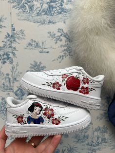 Hand painted af1 art sealed for longevity turn around time is 3-4 weeks Painted Af1, Cute Easy Outfits For School, Snow White Apple, Disney Sneakers, White Apple, Custom Painted Shoes, Diy Sneakers, Custom Shoes Diy