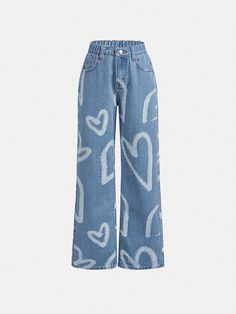 Azul  Collar  Mezclilla Corazón Pierna recta Embellished No-Elástico Todo Jeans For Girls 10-12, Printed Denim Pants, Dibujo Simple, Solid Color Jumpsuits, Ropa Aesthetic, Boys And Girls Clothes, Casual Preppy Outfits, Birthday List, Cute Jeans