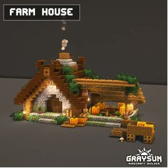 an image of a small house made out of legos and woodworking materials with text overlay that reads farmhouse