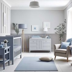 a baby's room with furniture and decor