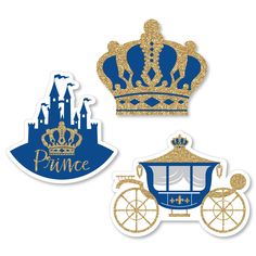 three stickers with the words prince and a horse drawn carriage in gold, blue and white