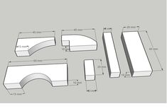 three different sizes and shapes of the back end of a bench, with measurements for each piece