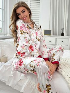 White Elegant Collar Long Sleeve  Floral,All Over Print Pant Sets Embellished Non-Stretch Fall/Winter Women Sleep & Lounge Sleeping Outfits, Sleepwear Women Pajamas, Floral Pajama Set, Satin Pj Set, Loungewear Outfits, Pajama Set Women, Pajama Sets, Pj Sets, Contrast Trim