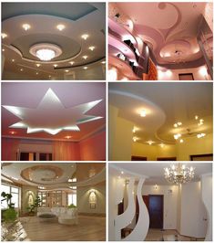 the ceiling is decorated with lights and chandeliers in different styles, shapes and colors