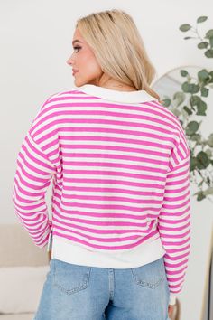 Details Pink Striped Collared Sweater Fabric has no stretch Slightly cropped Pair this sweater with shorts and sneakers! Unlined Size small from shoulder to hem: 19" Material and Care 70% polyester 30% cotton Turn inside out, hand wash cold, lay flat to dry Patterns may vary Materials may have natural variations Colors may vary from different viewing devices. Spring Cotton Cropped Sweater, Relaxed Fit Cotton Cropped Sweater For Spring, Spring Cotton Sweatshirt With Contrast Stripes, Sporty Sweater For Spring Loungewear, Trendy Cotton Cropped Sweater For Spring, Spring Striped Athleisure Top, Sporty Tops For Spring Weekend, White Tops For Weekend In Fall, White Tops For Weekend Fall Season