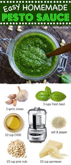 pesto sauce in a food processor and ingredients to make it